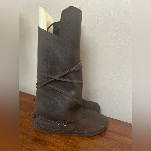 Handmade Brown Wrap Leather Elf Boots Minimalist Moccasin Knee High Boots 8.5 - Picture 3 of 13